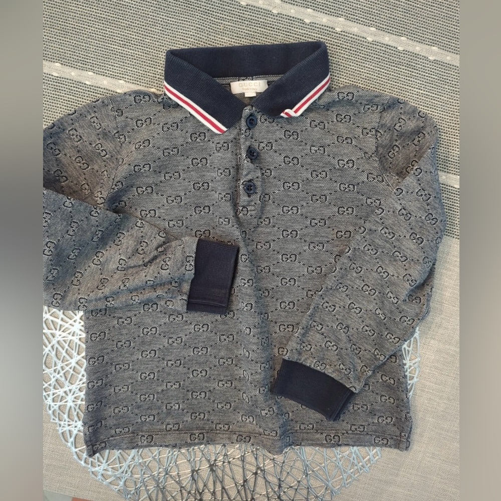 Gucci Gray Logo Knit Polo with Navy Collar and Red-White Trim